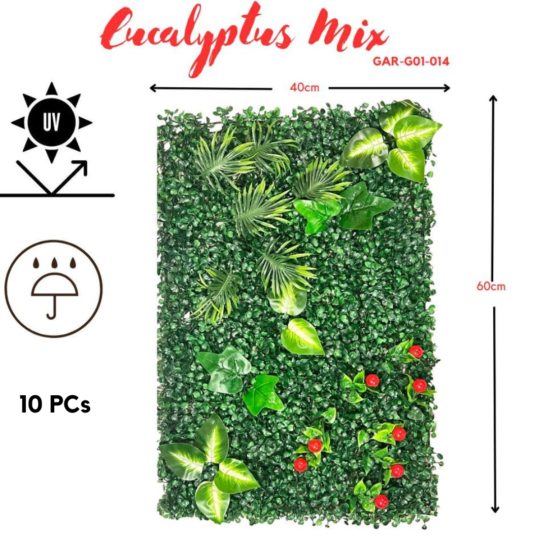 Pack Of 10 Eucalyptus Mix Cherry Premium Artificial Faux Grass Vertical Wall Panel 40 by 60cm Boxwoof Base