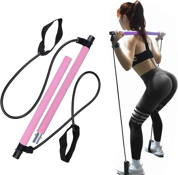 Susliving Portable Pilates Stretch Rope Exercise Bar-Pink