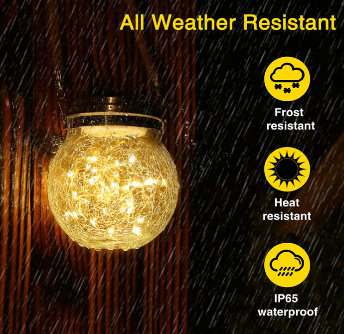 Susliving Fairy LED string Solar Hanging Light Ice Crack Glass Lantern