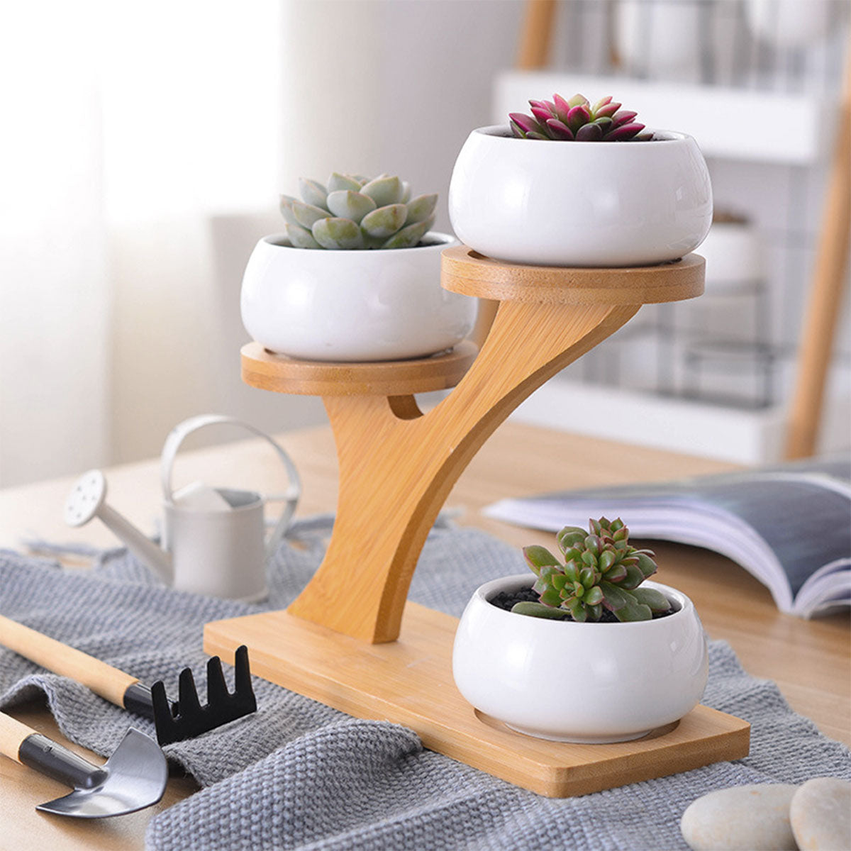 Flower Planter Ceramic Pots Bamboo Drag Creative Home Office Study Garden Decor - Gadget arcade
