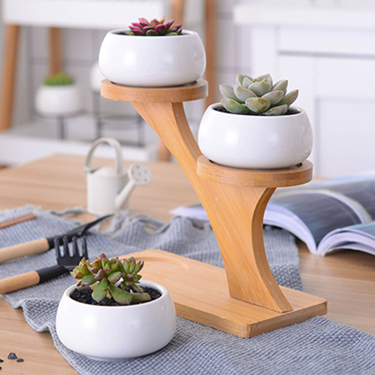 Flower Planter Ceramic Pots Bamboo Drag Creative Home Office Study Garden Decor - Gadget arcade