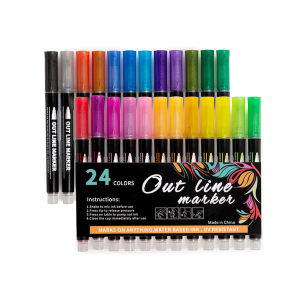 24 Colours Outline Markers Pens Writing Drawing Highlighter Card School DIY Set - Gadget arcade