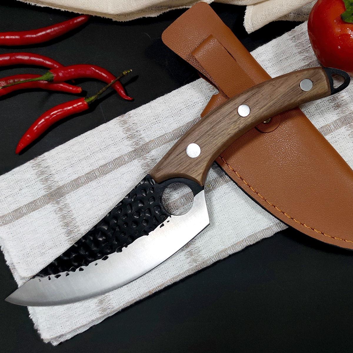 Camping Boning Slicing Knife Damascus Steel Butcher Blade with leather sheath