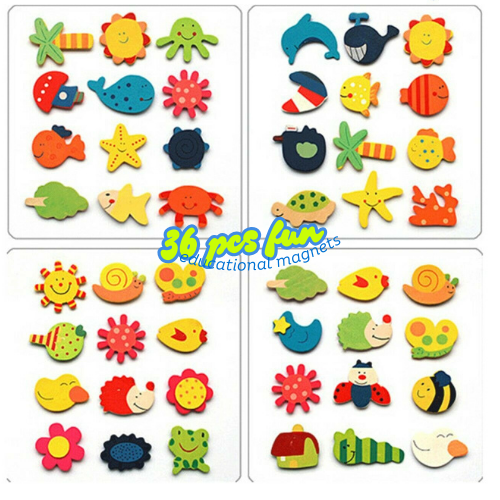 Suslife 36PCS set Learning Wood Cartoon Fridge Magnets Educational Toys Vocab