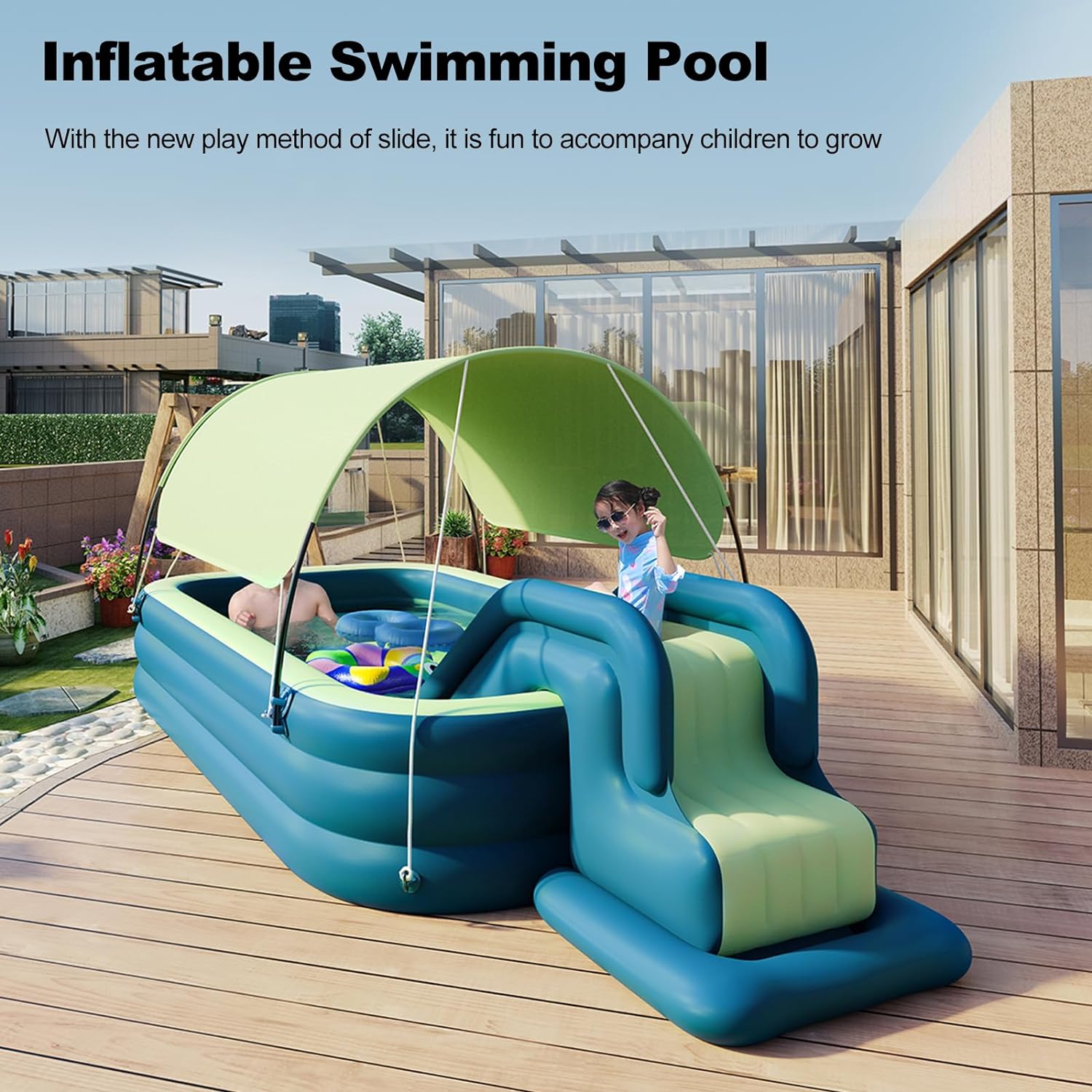 Susliving Morandi Blue Auto Inflatable Outdoor Swimming Pool Lux Package