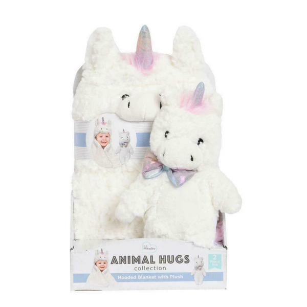 LITTLE MIRACLES 2pc Animal Hugs Collection Hooded Blanket With Plush Unicorn Set