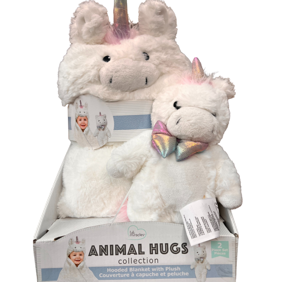 LITTLE MIRACLES 2pc Animal Hugs Collection Hooded Blanket With Plush Unicorn Set