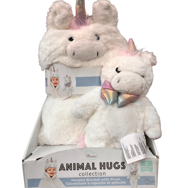 LITTLE MIRACLES 2pc Animal Hugs Collection Hooded Blanket With Plush Unicorn Set