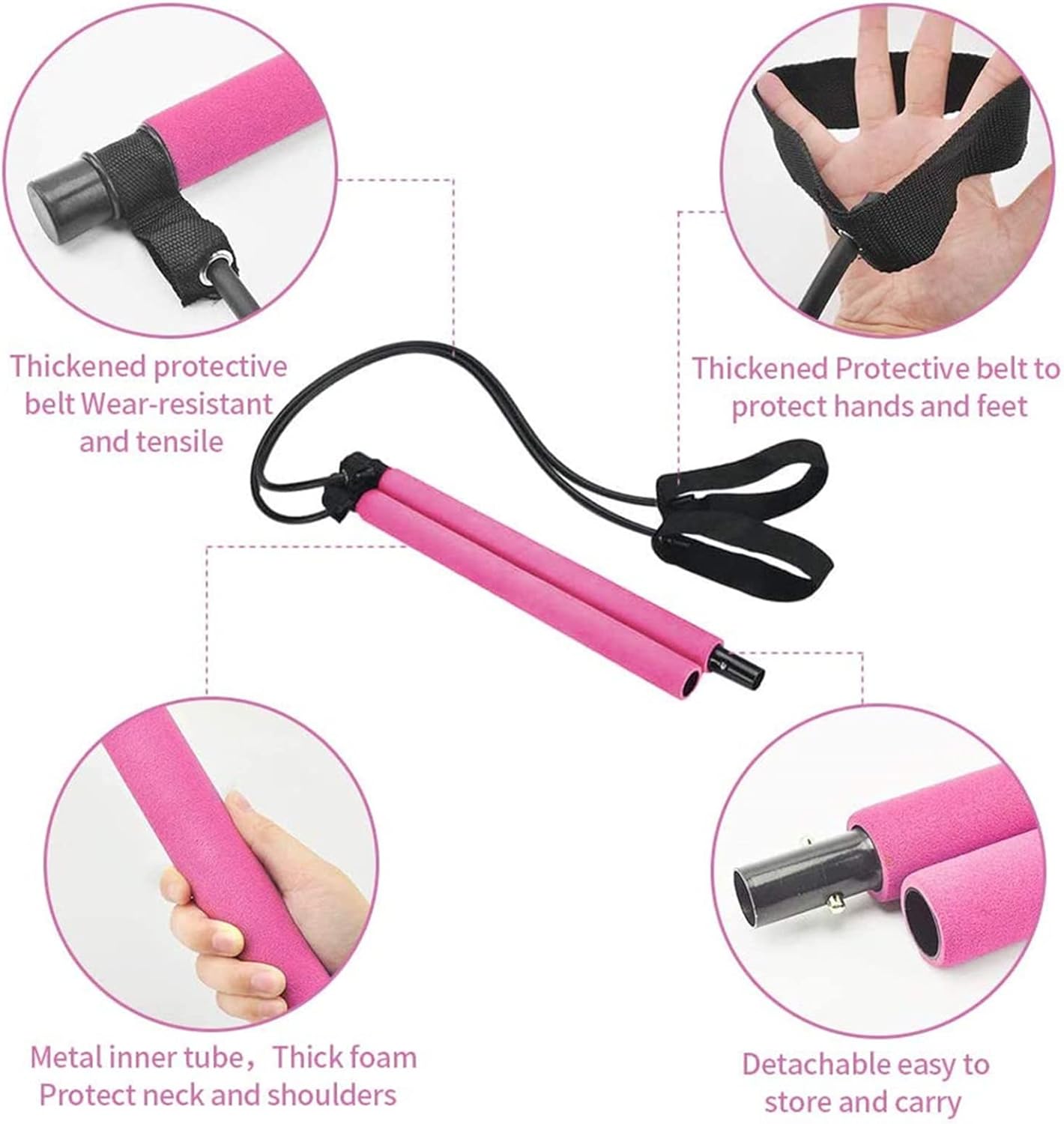 Susliving Portable Pilates Stretch Rope Exercise Bar-Pink