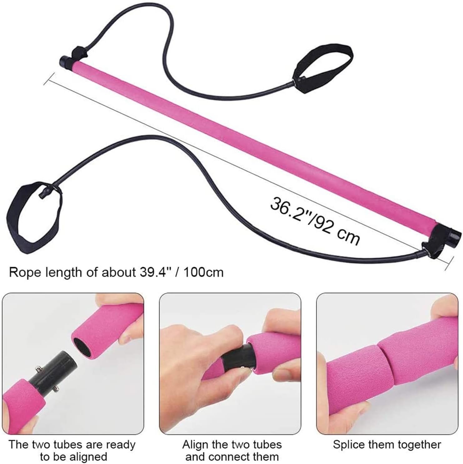 Susliving Portable Pilates Stretch Rope Exercise Bar-Pink