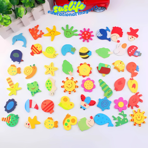 Suslife 36PCS set Learning Wood Cartoon Fridge Magnets Educational Toys Vocab