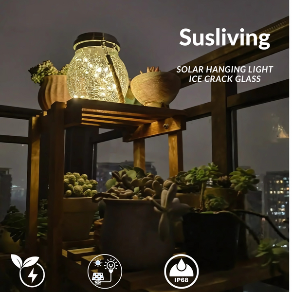 Susliving Fairy LED string Solar Hanging Light Ice Crack Glass Lantern