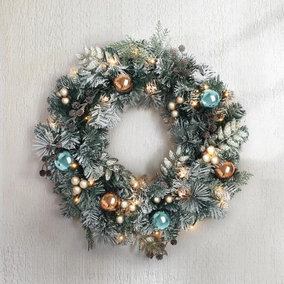 60cm Christmas Wreath with LED Lights Snowy Snow Garland By Jingle Jollys