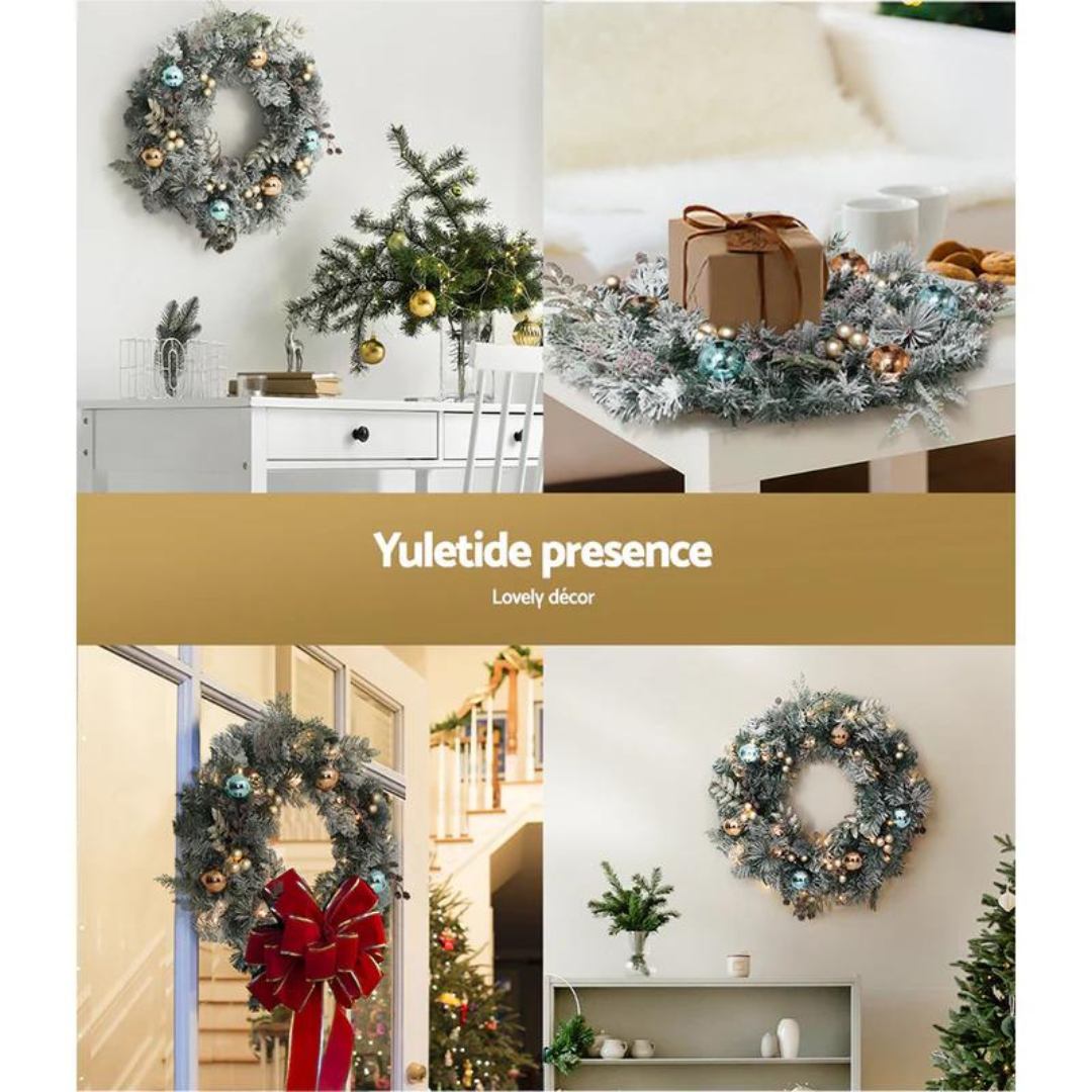 60cm Christmas Wreath with LED Lights Snowy Snow Garland By Jingle Jollys