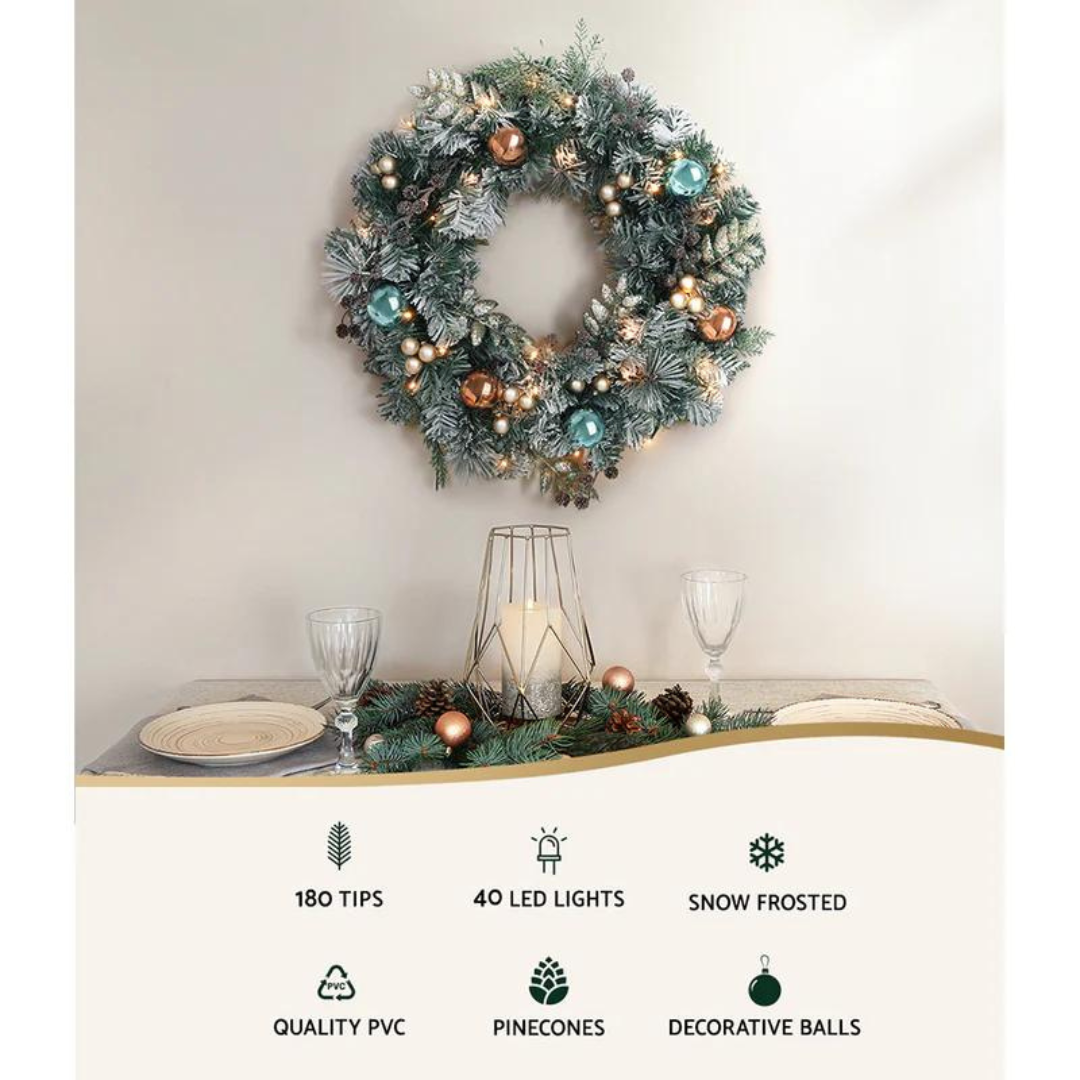 60cm Christmas Wreath with LED Lights Snowy Snow Garland By Jingle Jollys