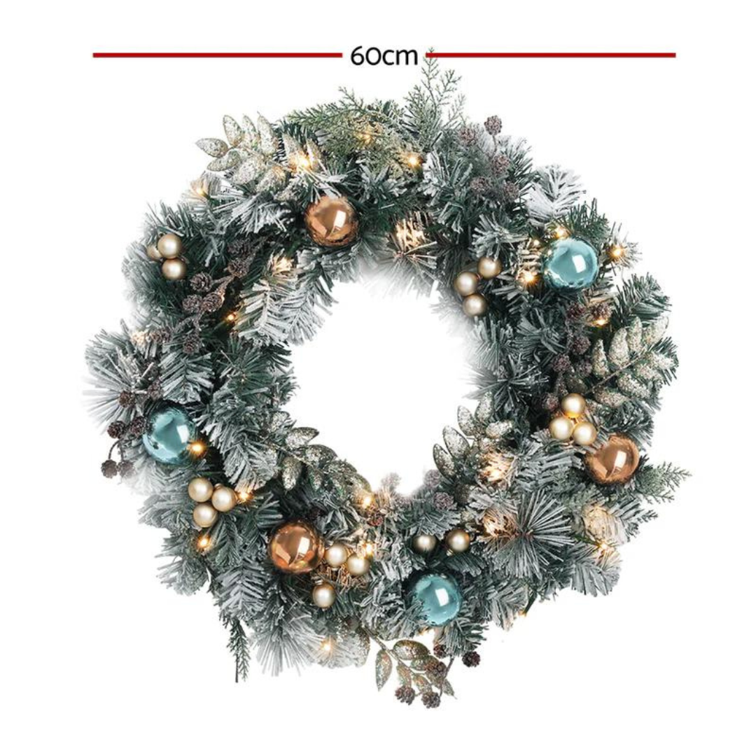 60cm Christmas Wreath with LED Lights Snowy Snow Garland By Jingle Jollys