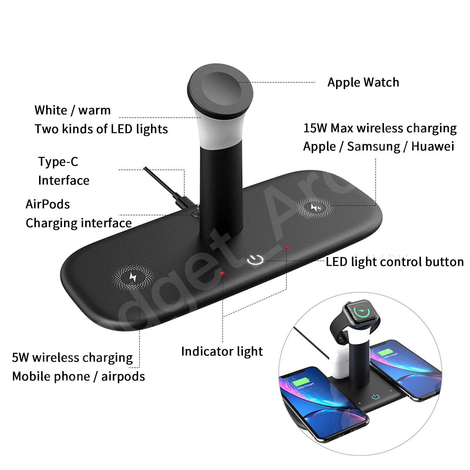 5 In 1 Wireless Fast Charger Station Night Light Smart phone Apple Watch - Gadget arcade