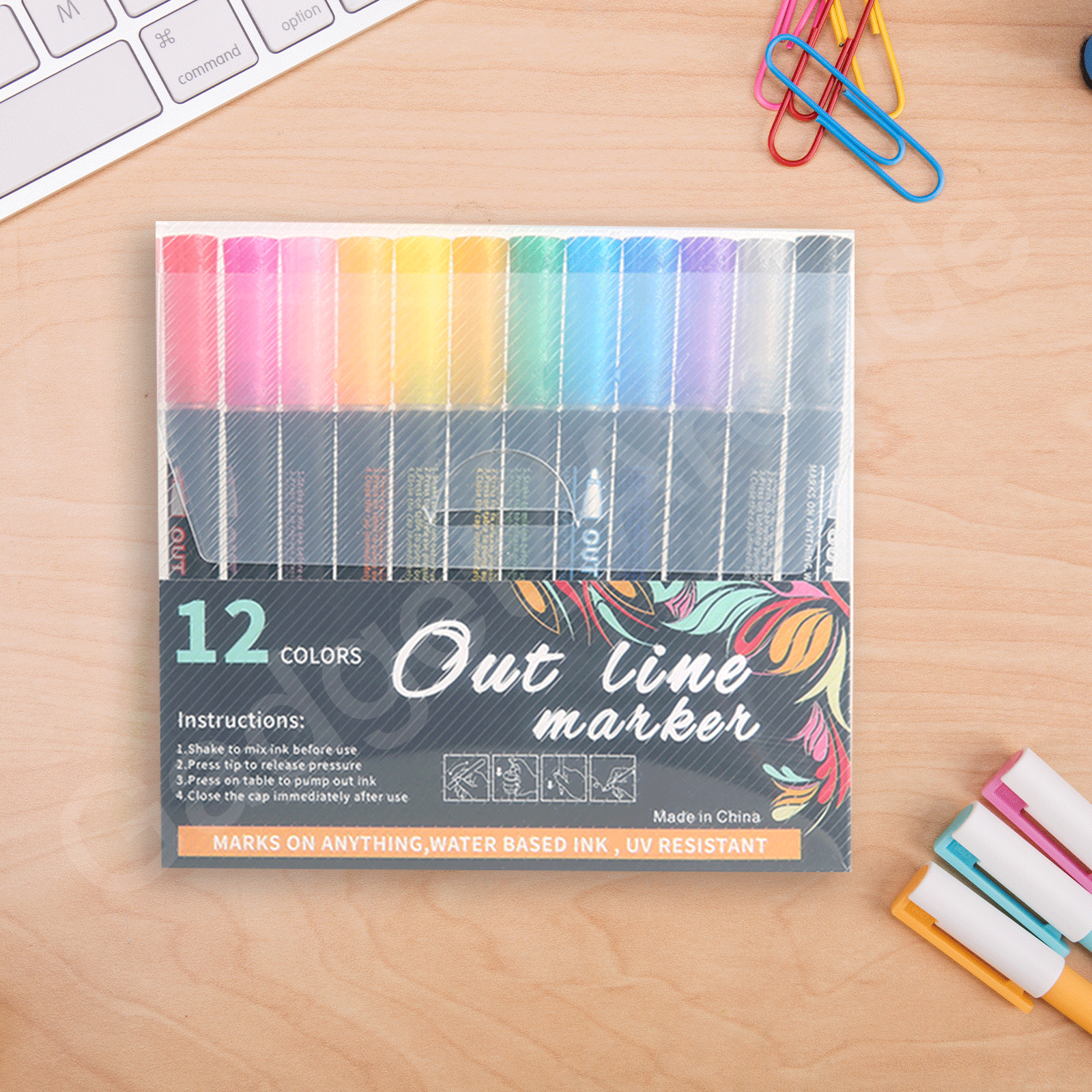 12 Colours Outline Markers - Gadget arcade