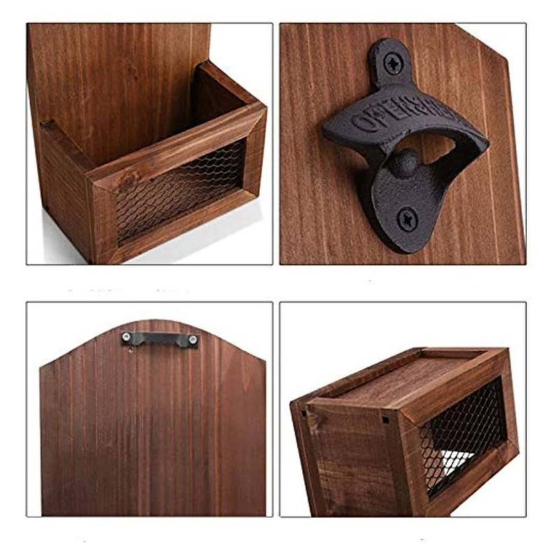 Retro Wall-Mounted Wooden Bottle Opener with Cap Basket Bar Gadget