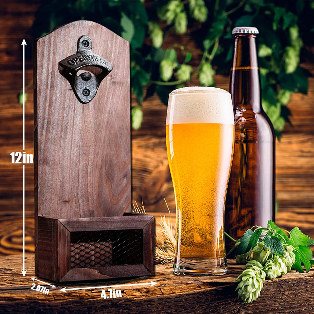 Retro Wall-Mounted Wooden Bottle Opener with Cap Basket Bar Gadget