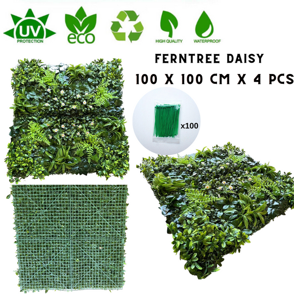 Susliving 4PCS PACK Ferntree Daisy Faux Vertical Garden Wall Panel 100 by 100 cm