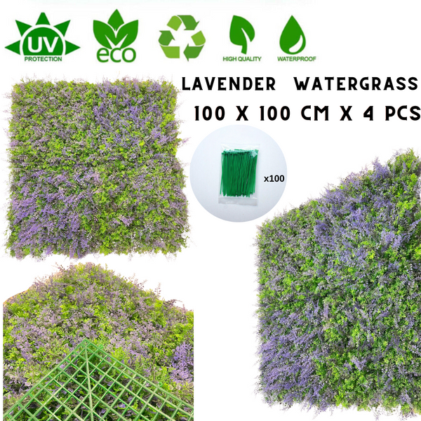 Susliving 4PCS PACK Lavender Watergrass Faux Vertical Garden Wall Panel 100 by 100 cm