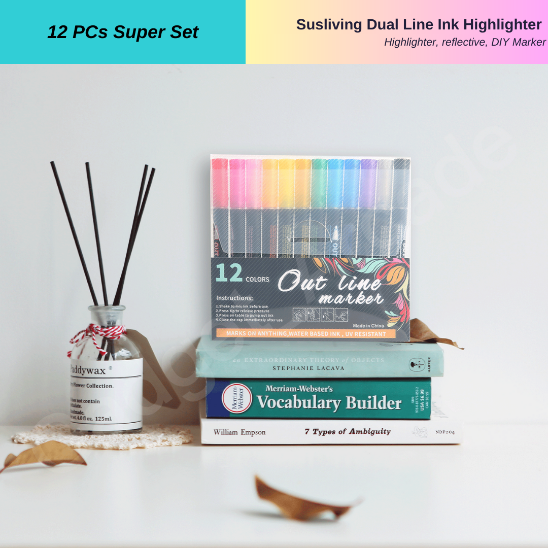 Susliving 12 Colours Outline Marker Highlighter Reflective Beautiful Drawing